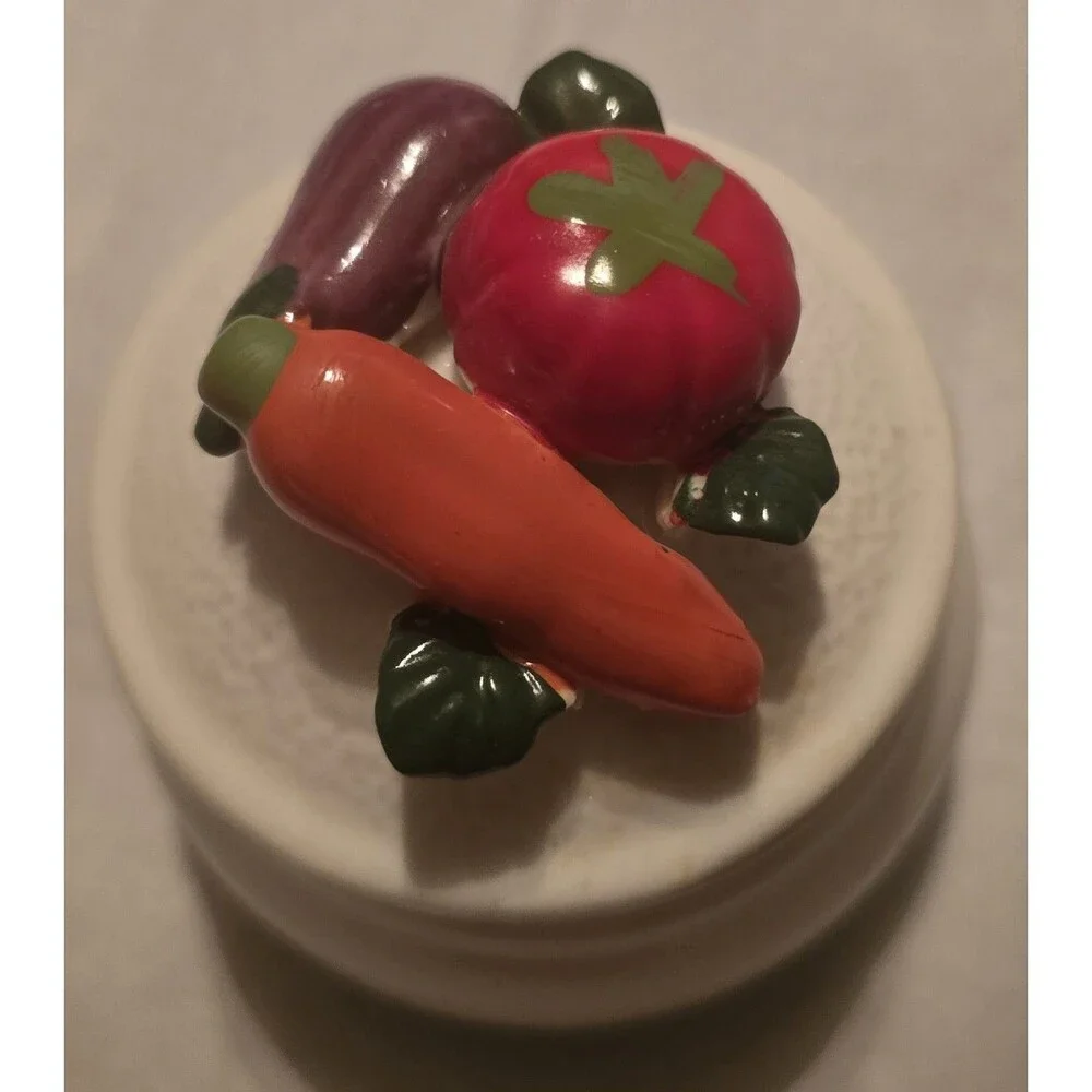 Ceramic Sugar Bowl With Colored Vegetables On The Lid, Eggplant Carrot Tomato